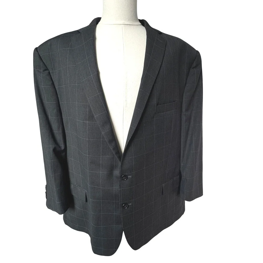 RALPH LAUREN Men's 56R Charcoal Grey Windowpane 2 Piece Wool Suit Blazer Pants
